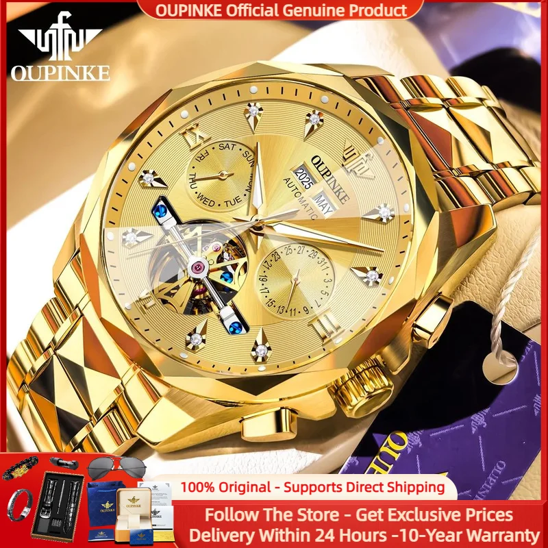 

OUPINKE 3316 Men Watch Top Luxury All Gold Hollow Flywheel Watch Rhombus Mirror Diamond Waterproof Perpetual Calendar Men Watch