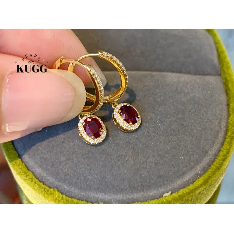 

Серьги KUGG из 100% 18-каратного желтого золота, элегантные серьги овальной формы с блестящими бриллиантами и натуральными рубинами, серьги для женщин, свадебные украшения