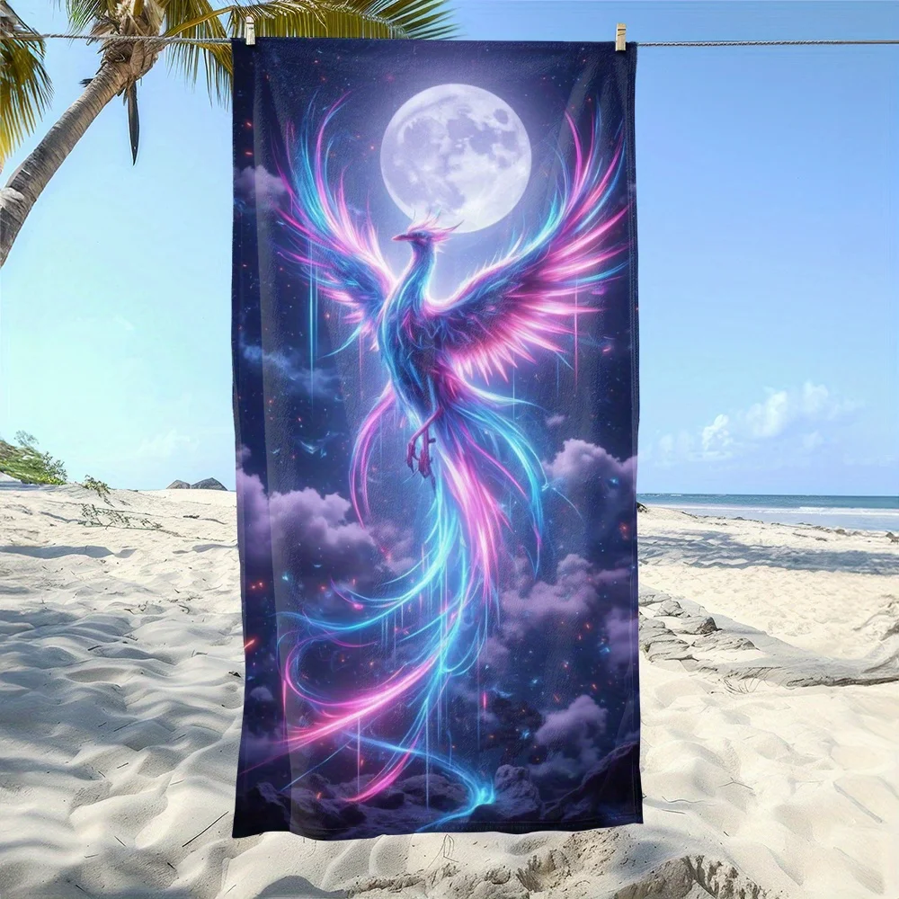 1pc Neon Phoenix Beach Towel Fantasy Bird Print Cosmic Moon Design Quick Dry Soft Microfiber Bath Towel For Women Spiritual Gift