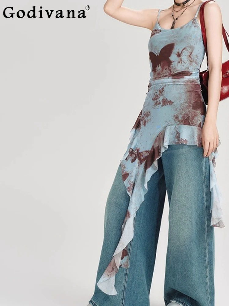 

Summer New Personalized American Butterfly Print Suspender Dress Girl Gauze Ribbon Slim Irregular Blue Fashion Age-reducing Top
