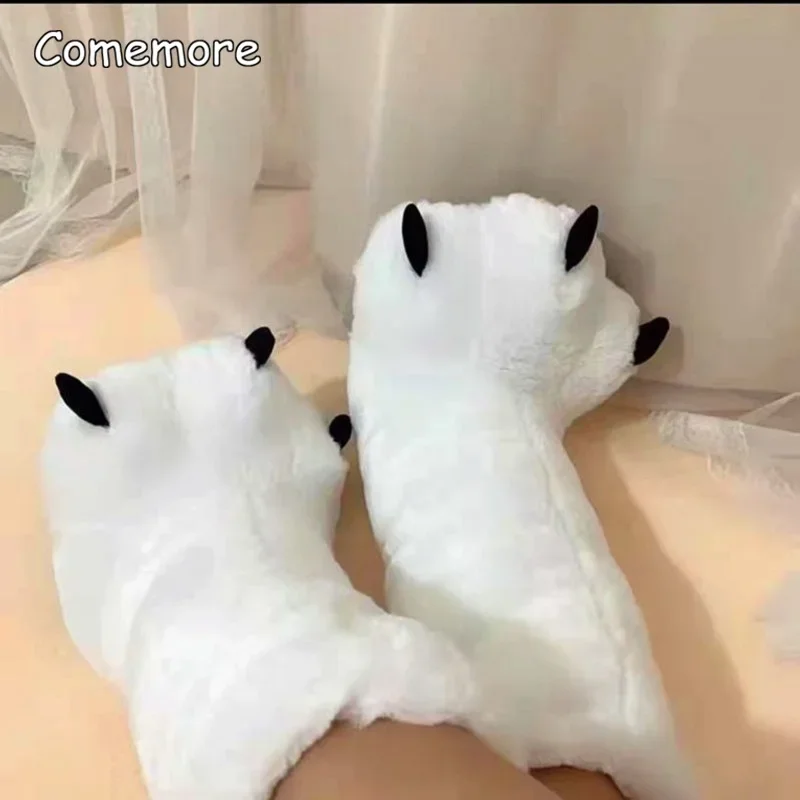 Comemore Girls Home Boots Furry Warm Couple Indoor Shoes Women Cotton Boots Fur Slides Creative Cute Bear Claw Winter Slippers