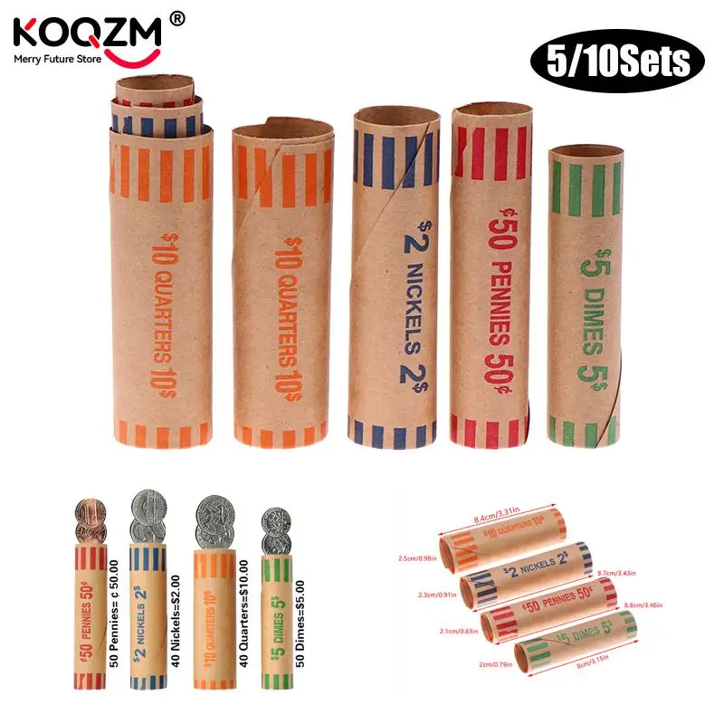 Assorted Color-coded Coin Wrappers Preformed Coin Wrappers Rolls Quality Material Kraft Paper Coin Wrapping Tubes Coin Rolls
