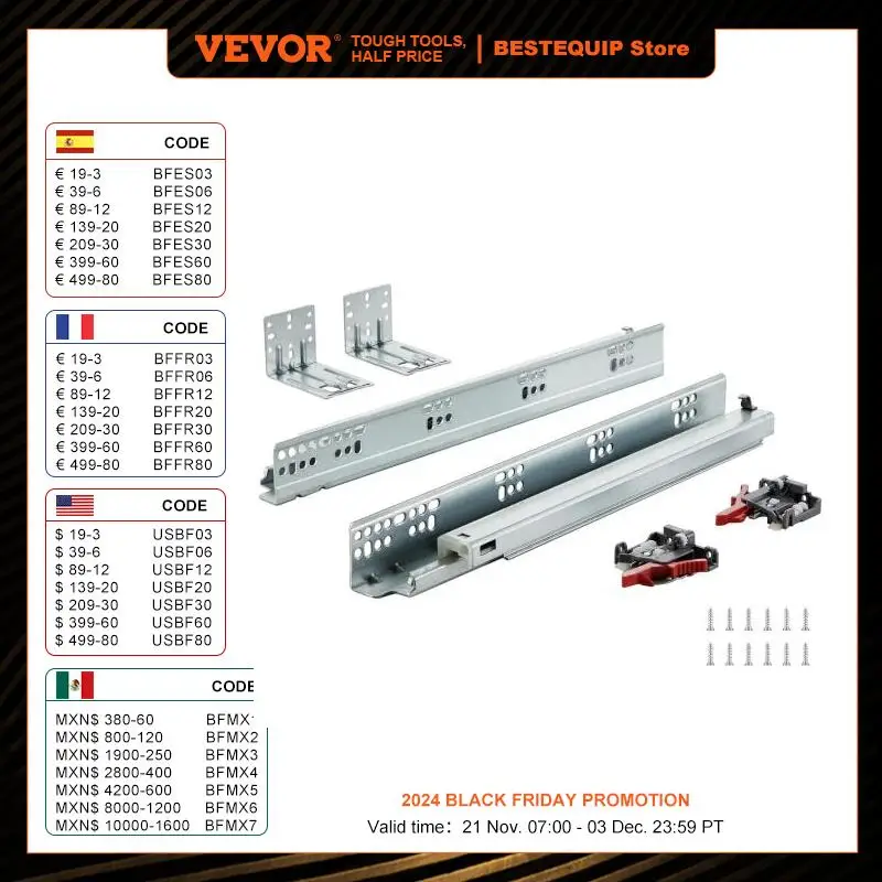 VEVOR Drawer Bottom Side Mount Rails Heavy Duty Full Ball Bearing Extension Steel Track Soft-Close Noiseless Guide Glides 100Lbs