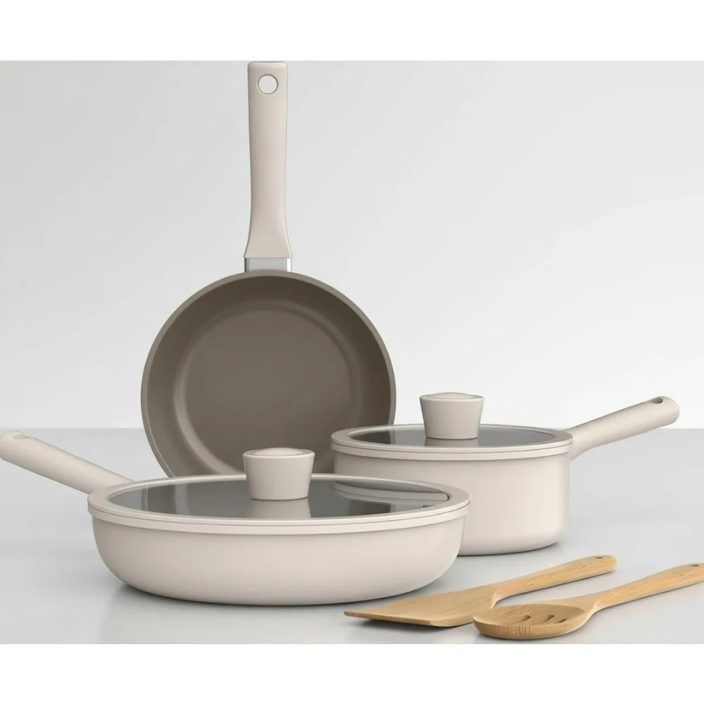

7-Piece Ceramic Nonstick Cookware Set, Dishwasher & Oven Safe, All Stovetops Compatible with Glass Lids
