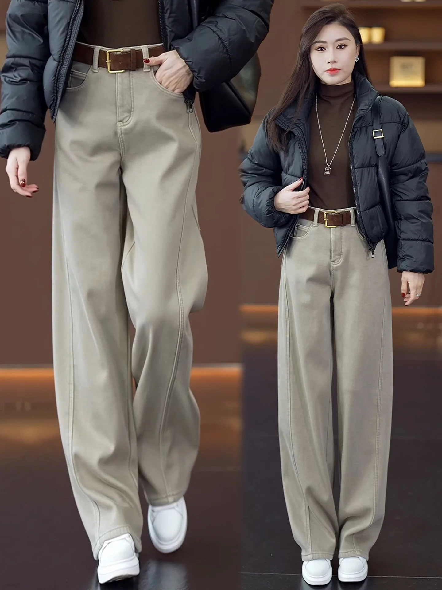 

Women's Fleece Lined Wide Leg Jeans Casual Loose Slimming Knife Pants Autumn Winter New Style Dreamy Elegant Cotton Denim