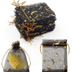 50/100pcs 7x9cm Black Organza Bags Small Moon Star Drawstring Jewelry Pouch for Party Favor Candy Bead Jewelry Storage Packaging