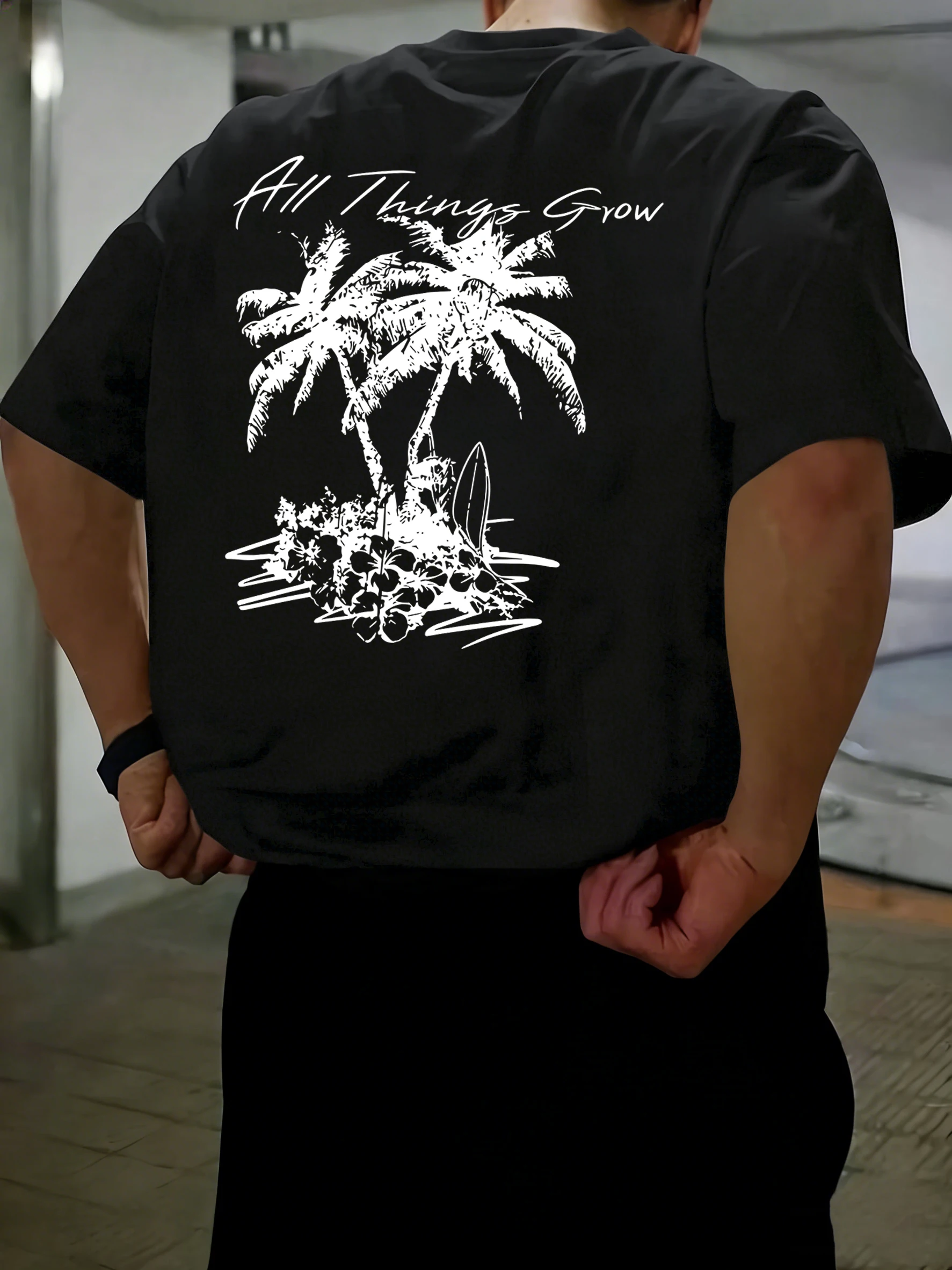 All Things Grow Beach Scence Print Men All-Match T-Shirts Cotton Casual Short Sleeve Summer Loose Tops Sports Street Streetwear