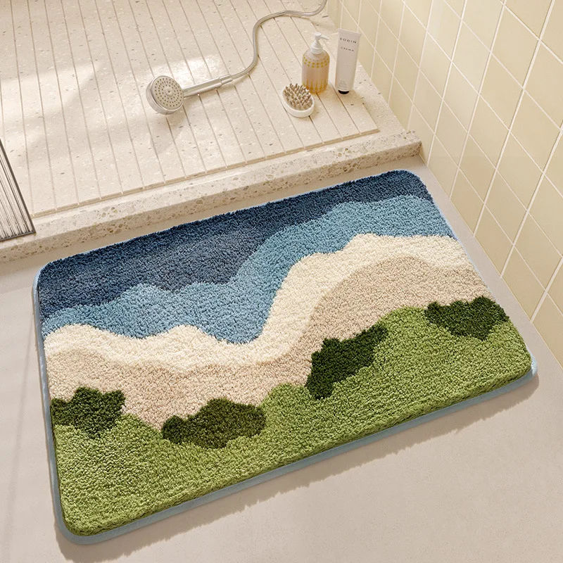 Ocean Wave Bath Mat Set Super Fiber Flocking Thickened Plush Bathroom Carpet Toilet Foot Mat Non-slip and Water Absorbent