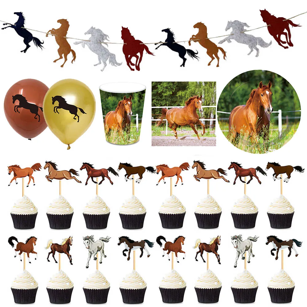 Horse Cupcake Toppers Balloon Banner Cups Horse RacingTheme Cake Decoartions Baby Shower Birthday Party Decorations Supplies