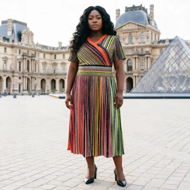 ANLAN Colorful Stripes High Elasticity Pleated Women's Causal Dress 2026 Summer New Fashion V-Neck Short-sleeved Miyaki Dresses