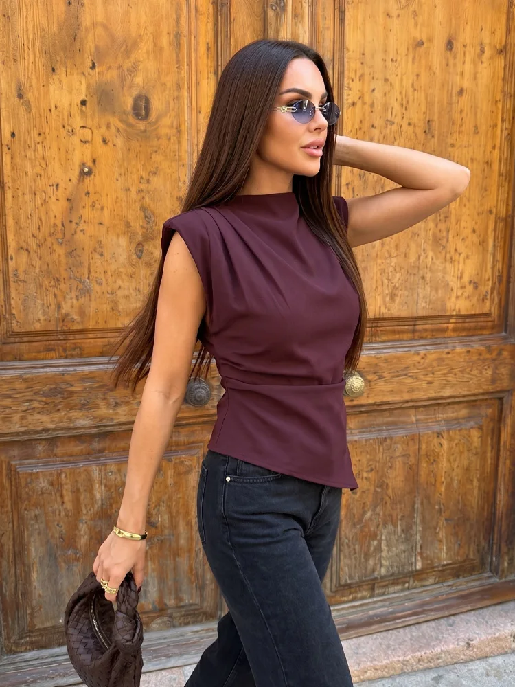 HH Damen Vintage Einfarbiges Plissiertes Tanktop Elegantes Ärmelloses Top mit Rückenreißverschluss Lässige Tanktops Frühling Sommer High Street T-Shirt Schicke Oberteile