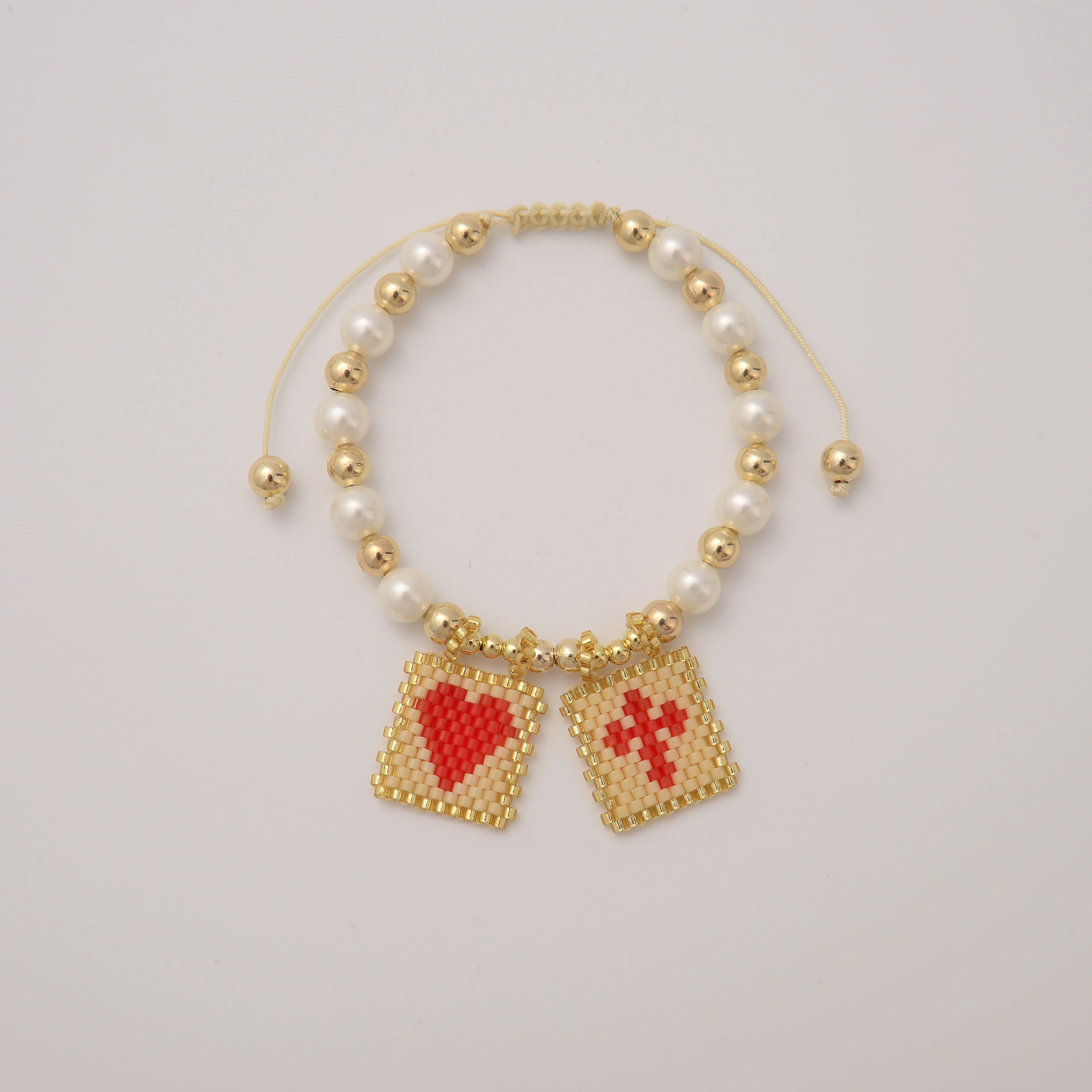 Handmade Shell Pearl Bracelet with Heart Cross Miyuki Beads, 24K Gold Plated Copper, Imitation Pearl