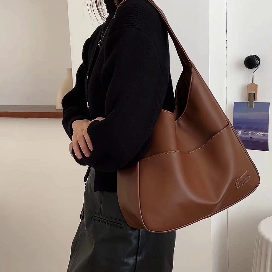 Large Capacity Bag For Women New Vintage Commuter Tote Bag PU Leather College Students Single Soft One Shoulder Bags