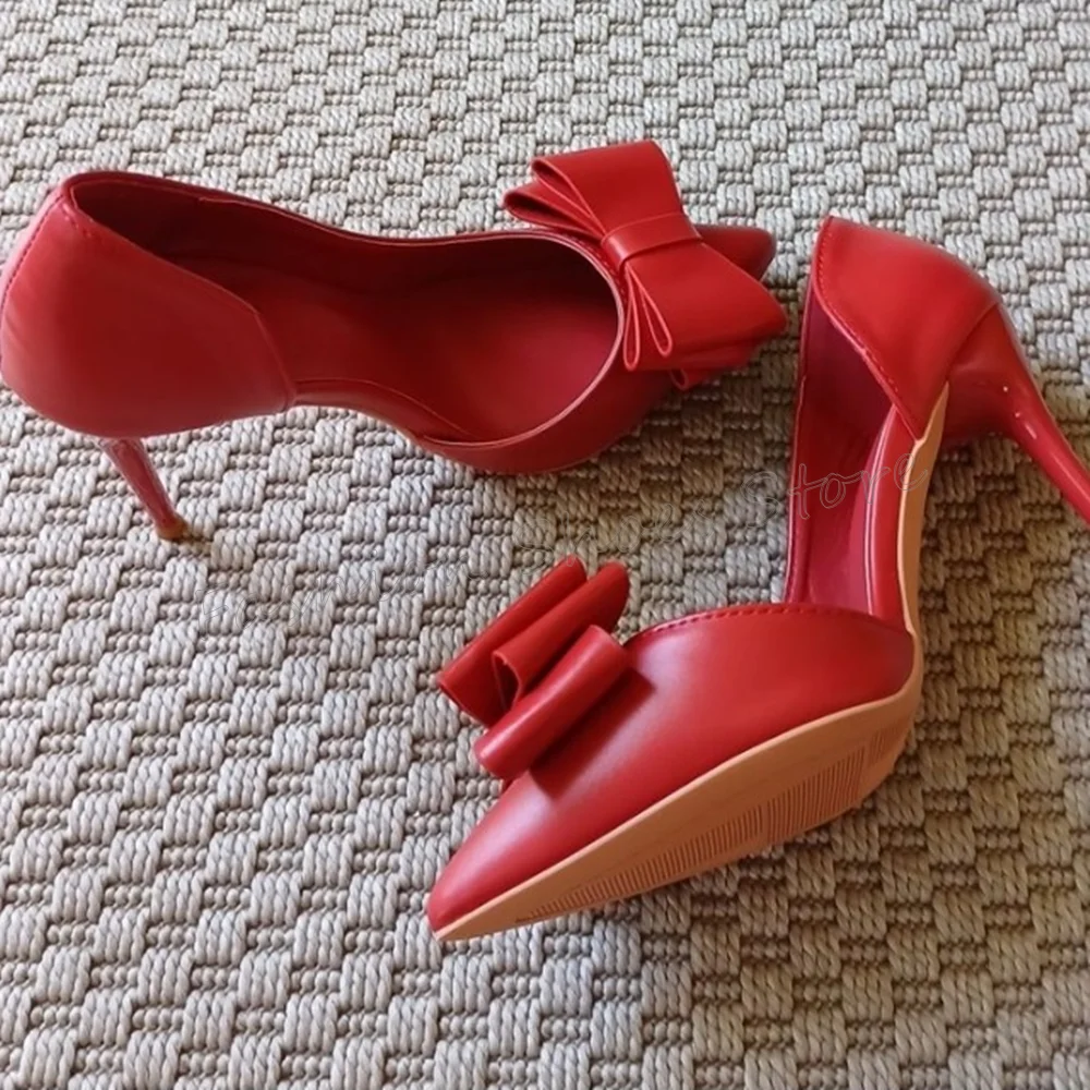 빨간색 지적 발가락 활 매듭 장식 펌프 매트 가죽 얇은 하이힐 여성용 하이힐 신발 2025 New Zapatos Para Mujere