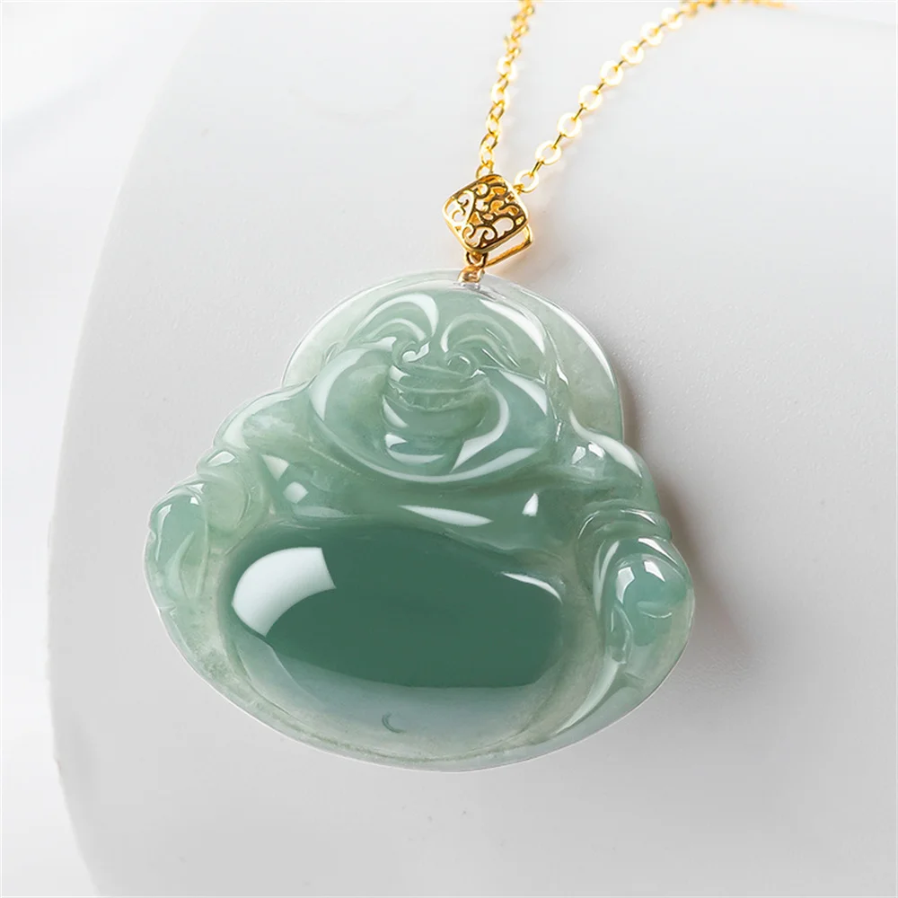 18K Gold Natural Ice Green Jadeite Carved Buddha Lucky Pendant Trendy Amulet Necklace Certificate Luxury Jade Charming Jewelry