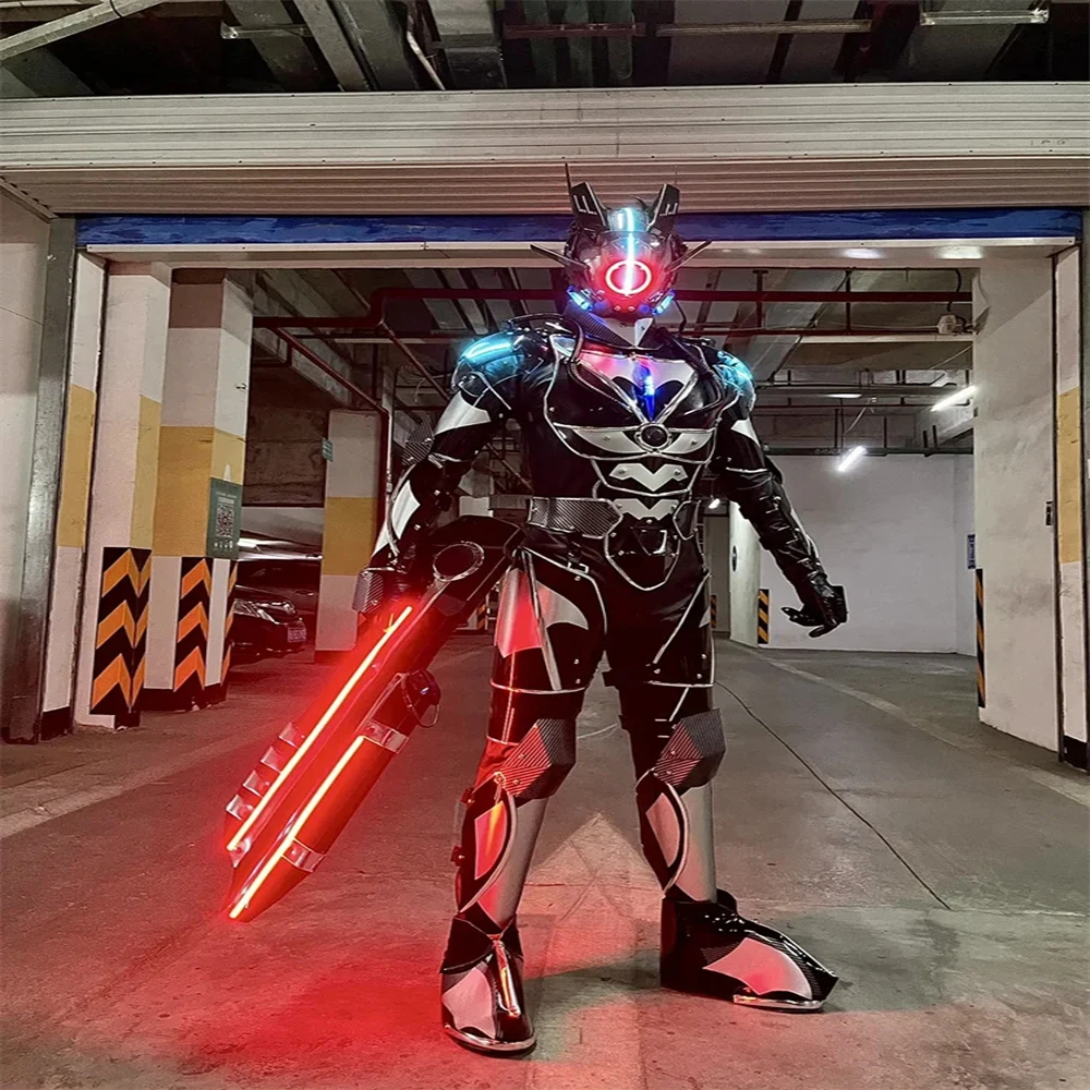 

Men Wear Punk LED Light Costumes Tech Armor Robot Helmet Party Cosplay Colorful Luminous Silver Outfit Perform Bar Props Show