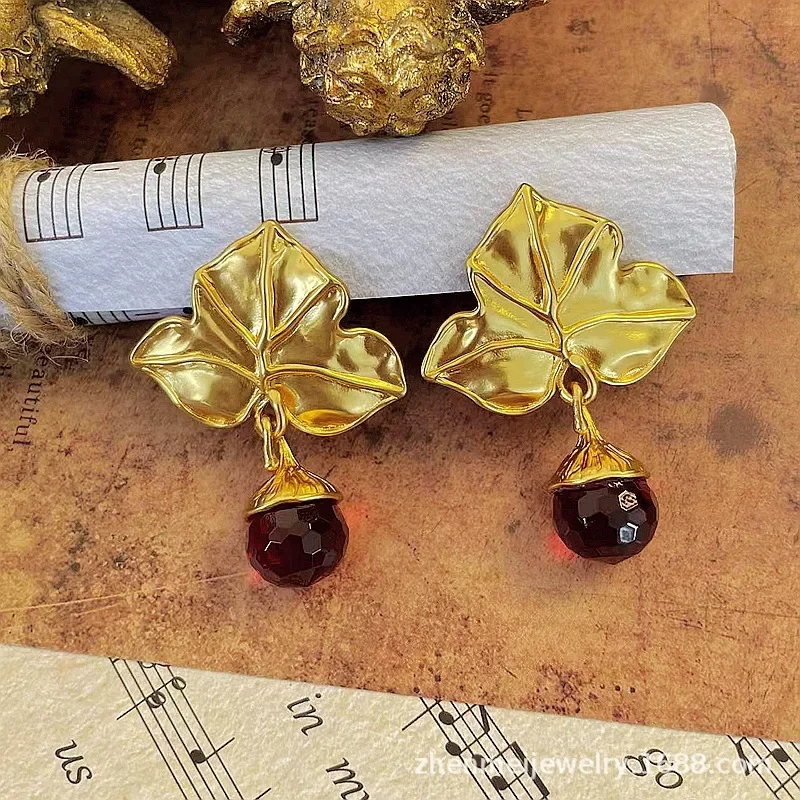 Ancient replica album red glazed leaf ear clips