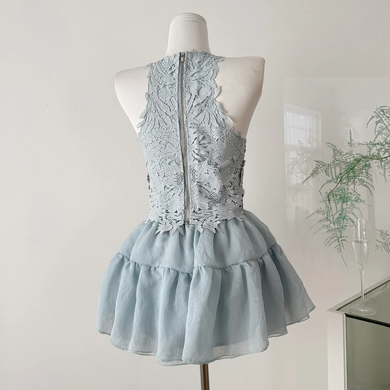 여름 레이스 속이 비치는 투피스 탑과 스커트 세트 한국 패션 캐미솔 민소매 크롭 탑 신축성 있는 허리 스커트 슈트