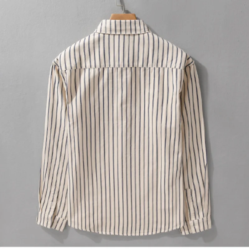 2024 Autumn New Striped Simple 100% Cotton Shirts for Men Clothing Casual Big Pocket Soft Long Sleeve Men Shirts FY3107