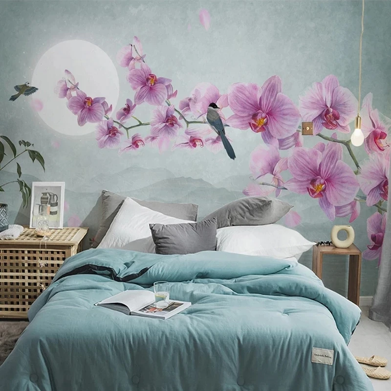 Customized Wallpaper Modern Hand-painted Flower Bird Butterfly Orchid Mural Living room TV background wall bedroom restaurant 8d