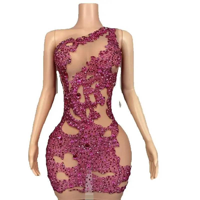 Vestido de fiesta rosa con diamantes de imitación para mujer, traje de actuación para celebración, club nocturno, Bar, Festival, vestido de noche, ropa de escenario XS10283