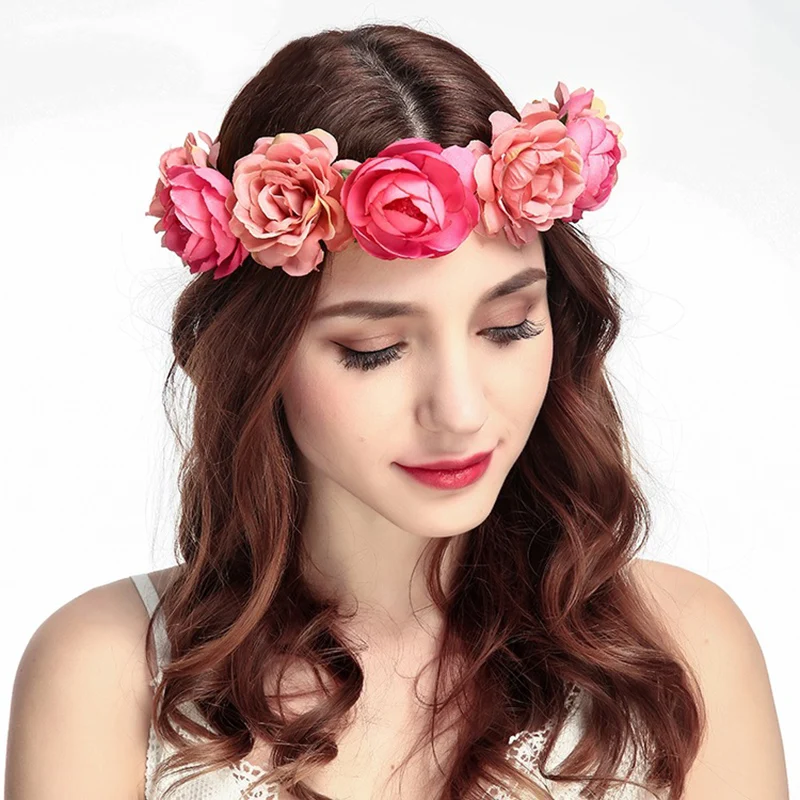 Artificial Flower Wreath with Ribbon Hairband Handmade Wedding Headbands Flowers Garland Wreath Hair Accessories for Women