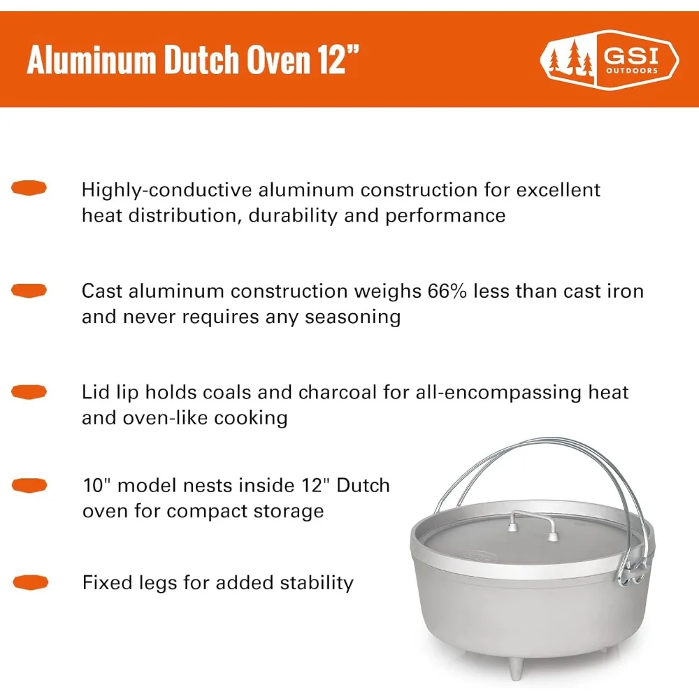 GSI Outdoors Aluminum 12' Dutch Oven | Dutch Oven with Fixed Legs for Camping, Cabin and Home Kitchen