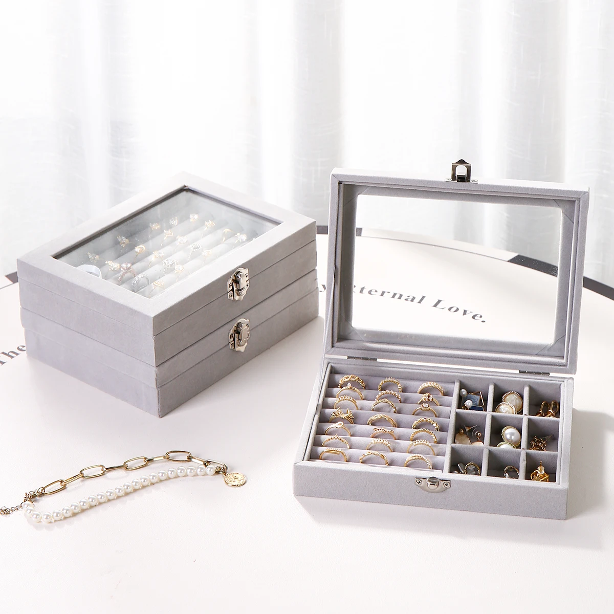 

1pc Multi functional Velvet Jewelry Ring Box Desktop Earrings Display Box Jewelry Storage Organizer Dressing Table Store