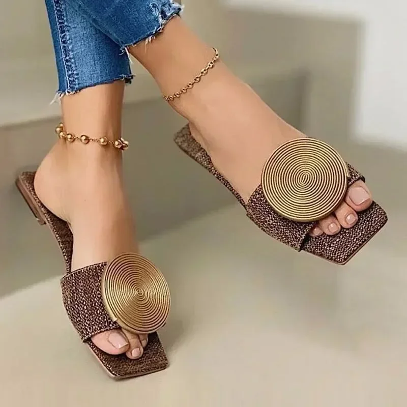 2024 neue Frau Sommer Flache Sandalen Plus Größe Runde Schnalle Solide Wohnungen Weibliche Casual Hausschuhe Damen Frauen Mode Strand Schuhe