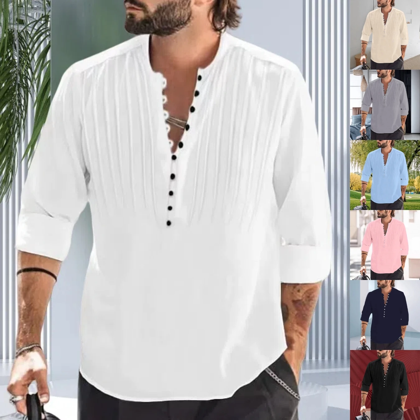 Spring and autumn new style men's casual fashionable long-sleeved shirt, plain color comfortable multi-pleated shirt