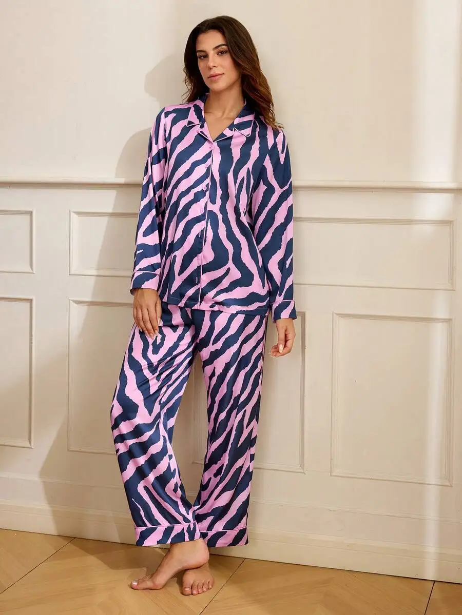 Women Pink And Zebra Print Pajama Set Lapel Long Sleeve Button Front Sleepwear