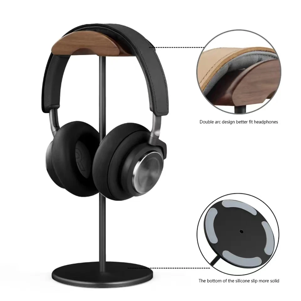

05 Black Walnut Wood & Aluminum Headphone Stand Nature Walnut Gaming Headset Holder with Solid Metal Base for Table Desk Display
