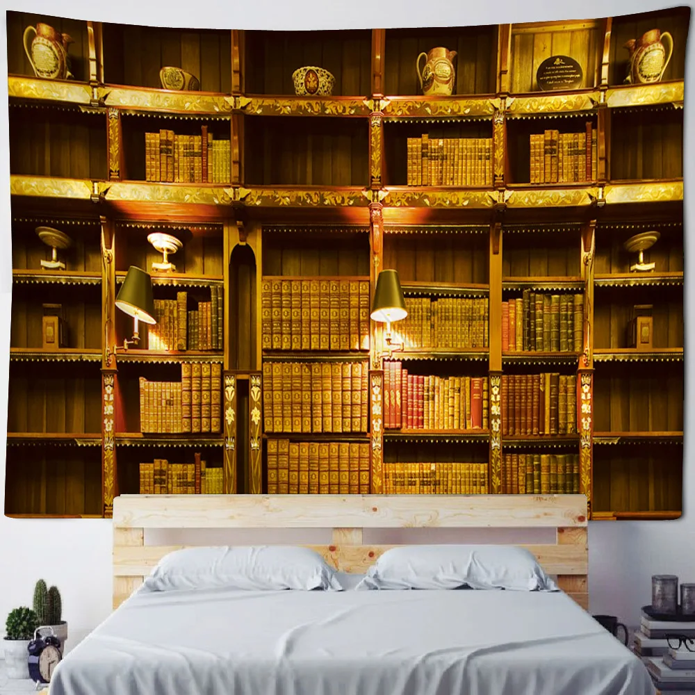 Vintage Bookshelf Tapestry, Study Room Picture Wall Hanging, Art Library Bohemian Hippie Bedroom University Dormitory Decoration