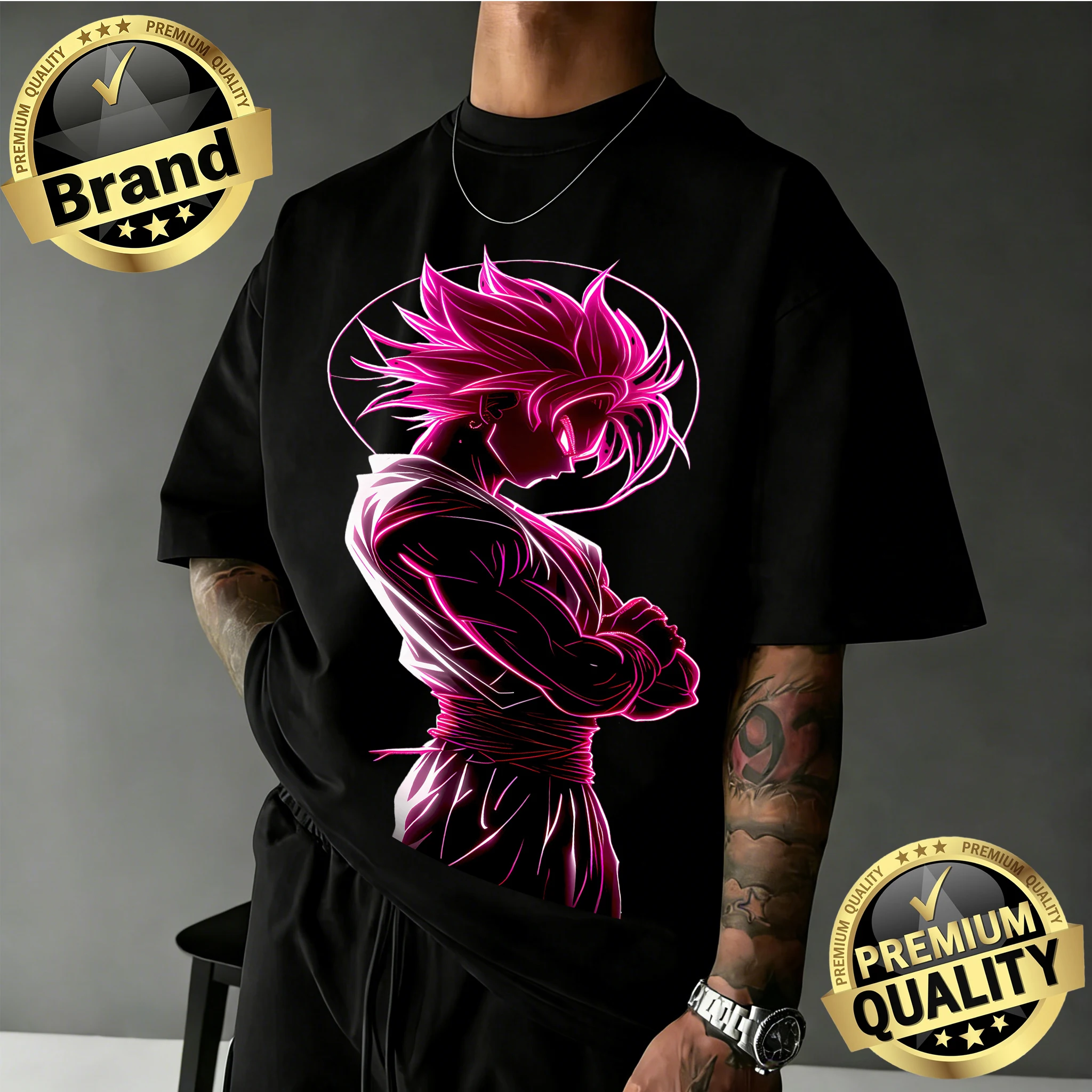 

Новинка 2026: Футболка оверсайз Dragon Ball с ностальгическим принтом, Гоку Блэк, Супер Сайян, Розовый неоновый графический принт, 100% хлопок, повседневная футболка