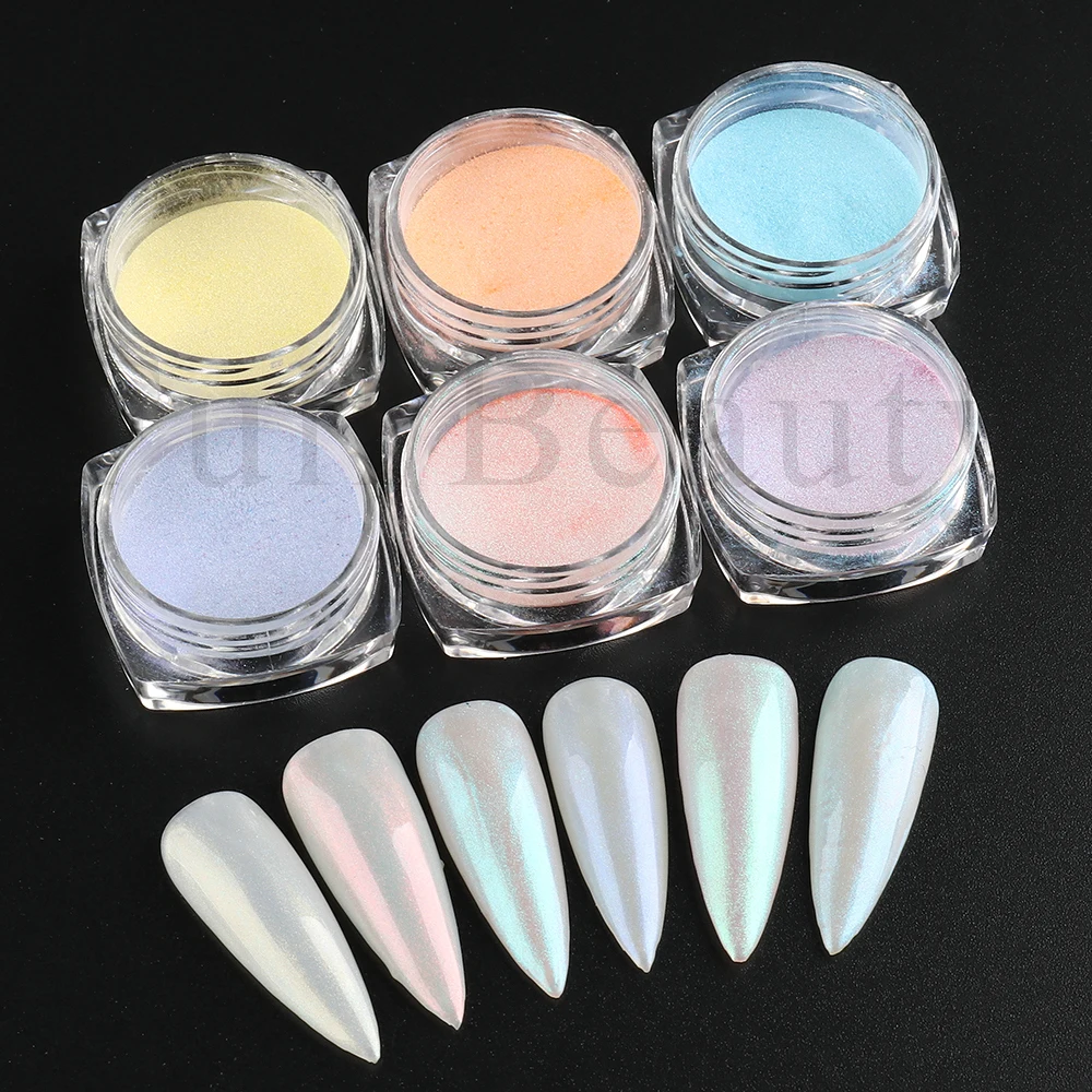 1Box Aurora Chrome proszek lustro tarcie pył różowy biały Shell perła paznokci Pigment kostki lodu paznokci opalizujący brokat Manicure NTXN