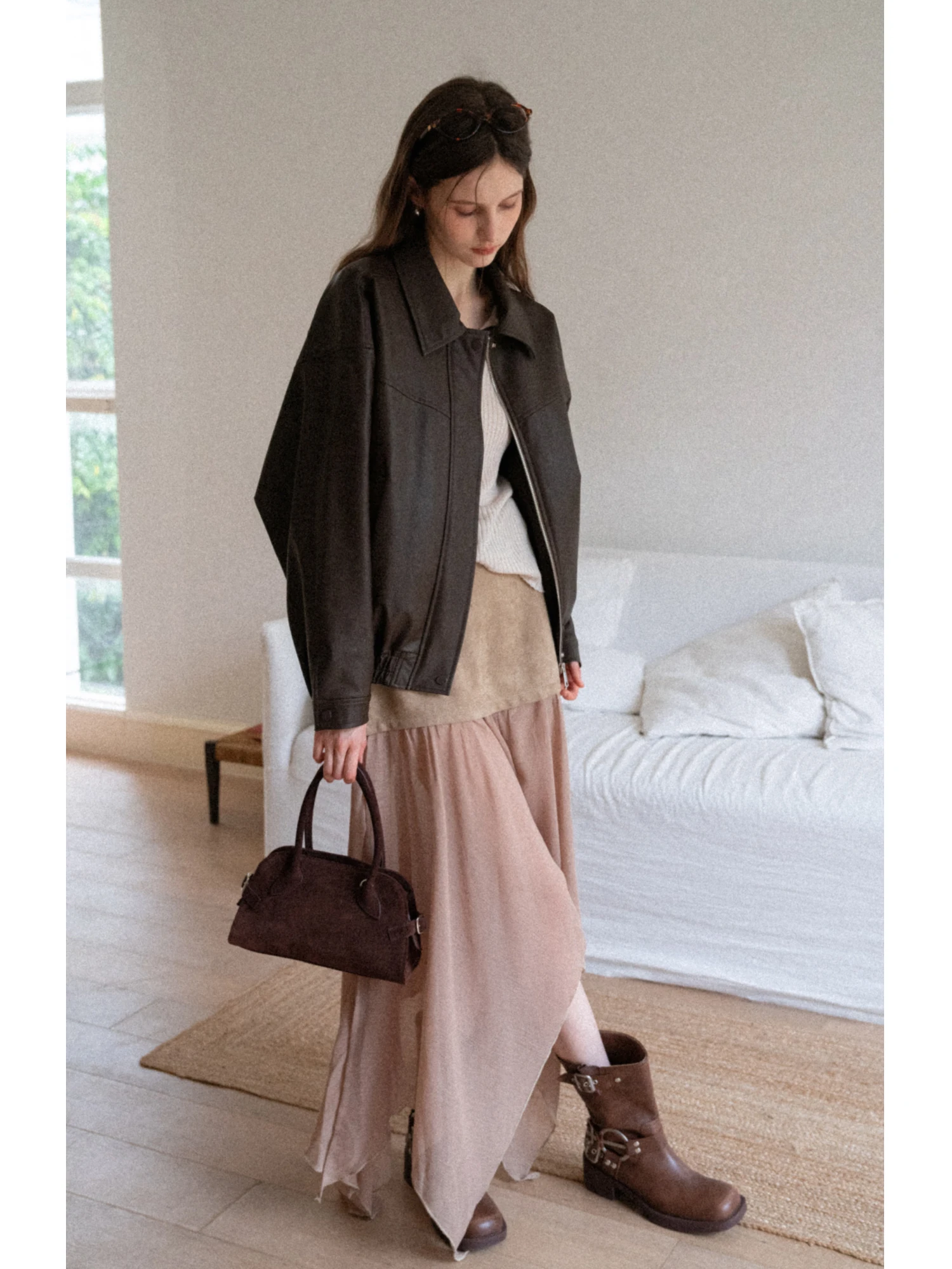 EGGKA American Sle PU Pelle Jaet ort Colletto con cerniera allentata Cappotto da motociclista Dolce vento fresco Top da donna per l'autunno