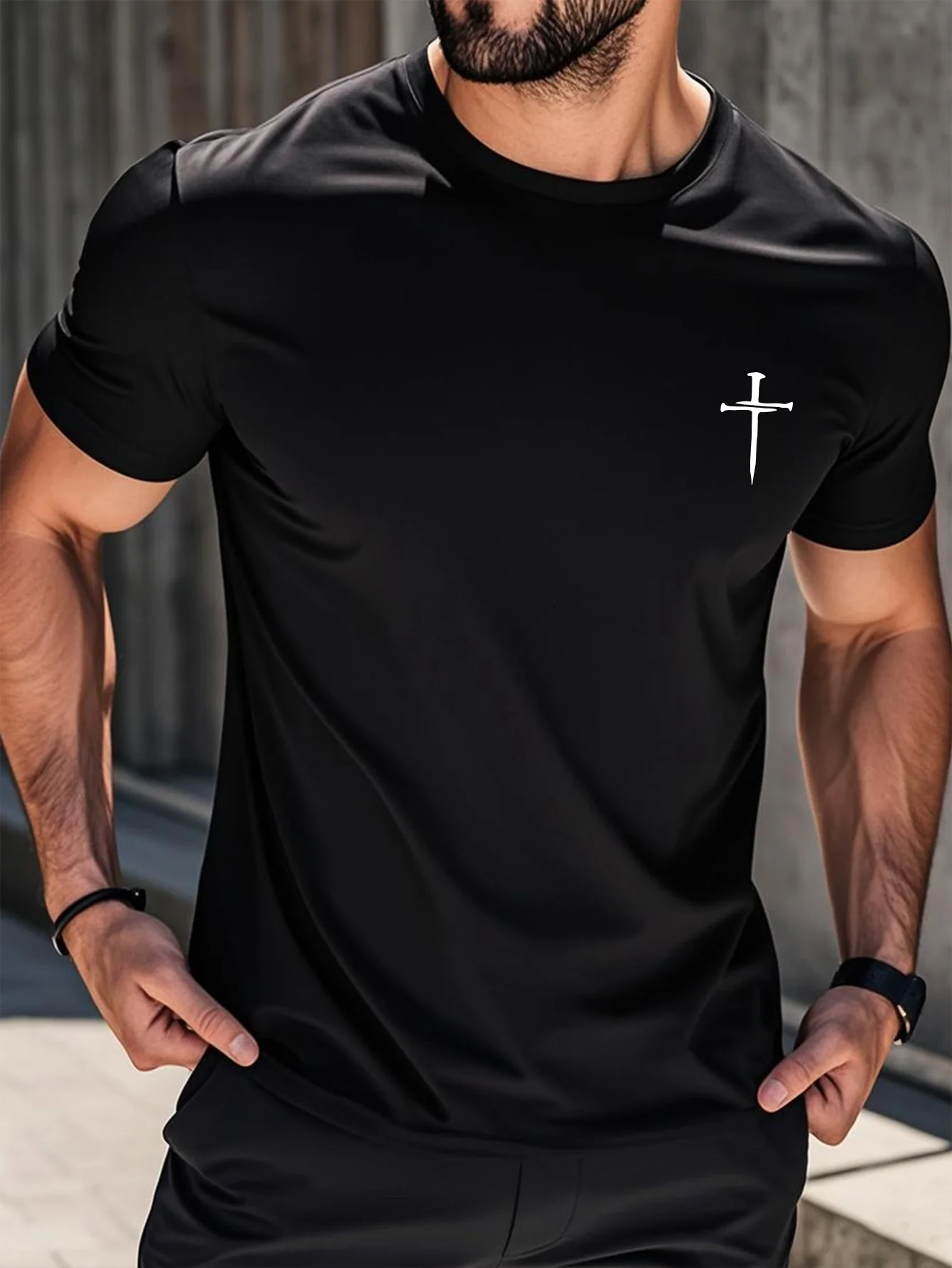 Minimalist Black Cross Graphic Tee for Men Breathable 100% Cotton Perfect for Summer Streetwear and Understated Faith Style