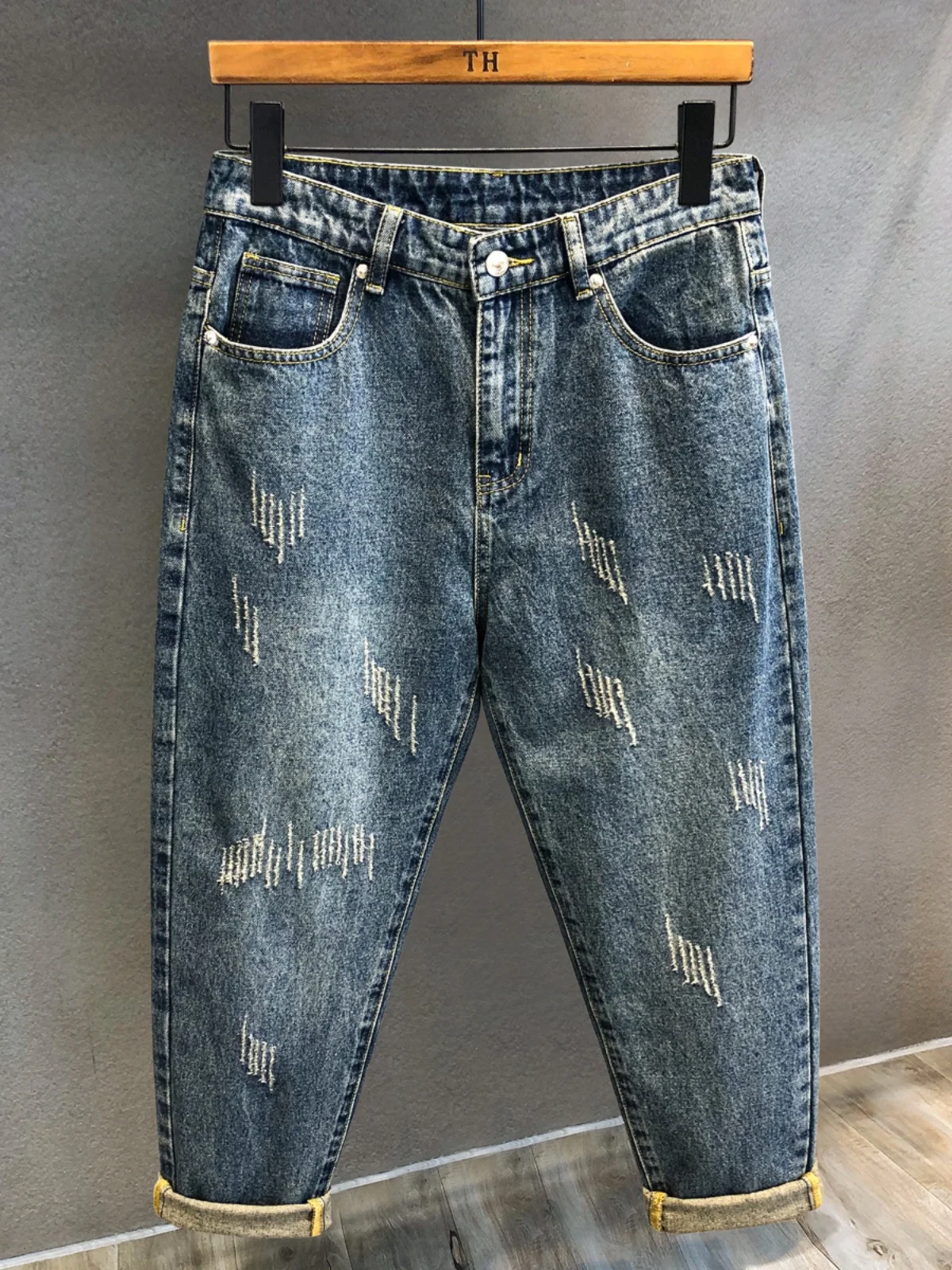 

Retro Claw Mark Design Men's Jeans mid Waist Nine Points Straight Leg Loose Fit Summer New Sle American Sle Denim Pants