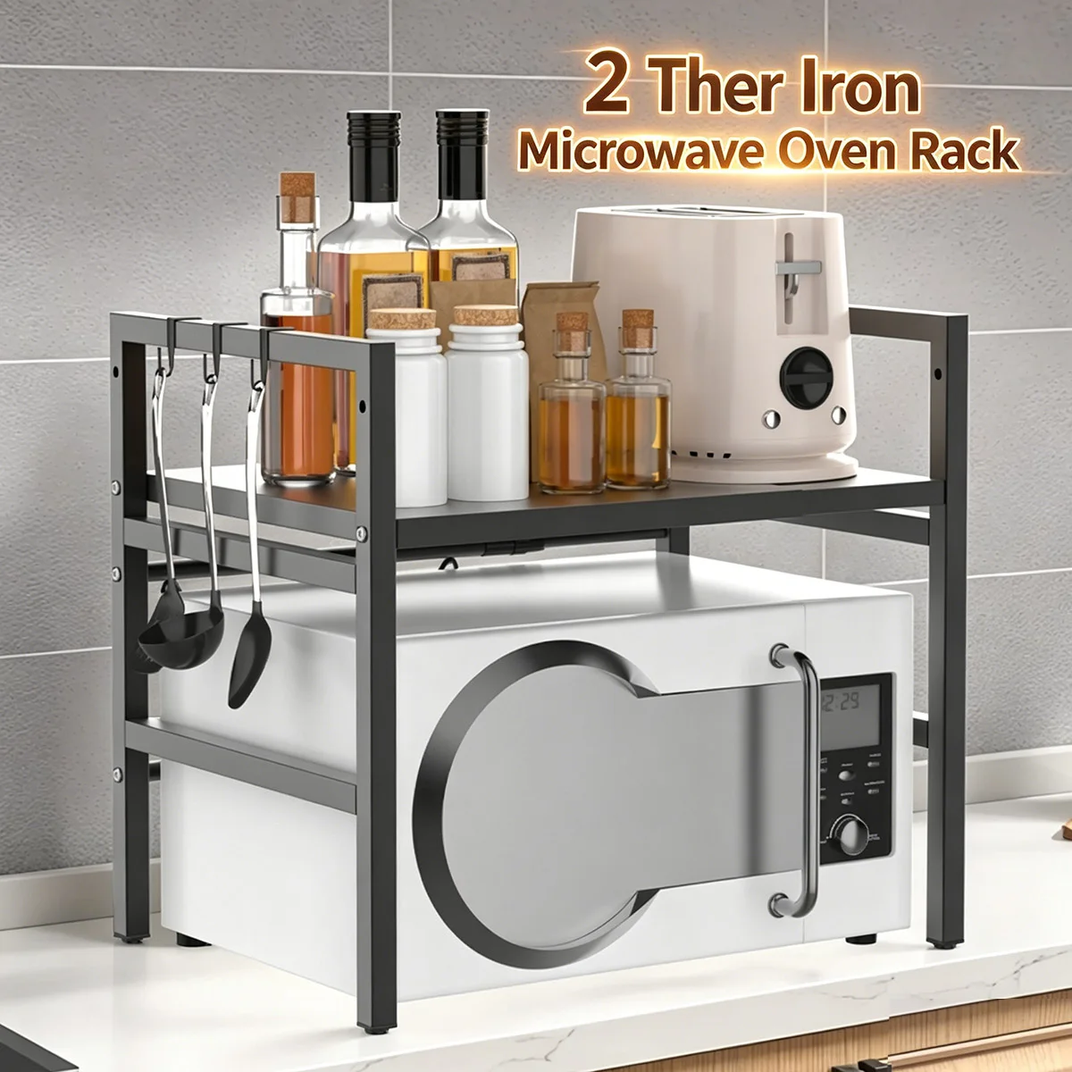 Estante para microondas de acero al carbono – Estante expandible de 2 niveles (40-60 cm), soporte para freidora de aire, estante para horno microondas ajustable en altura de 10 cm, capacidad de 25 kg, 4 patas ajustables, estantes de almacenamiento para ollas, sartenes y parrillas