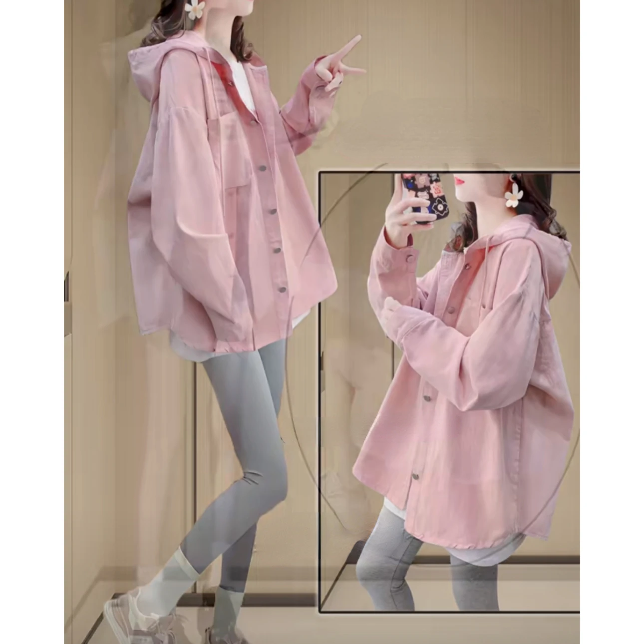 Women Cardigan Hooded Pink Shirts Single-breasted Streetwear Spring Autumn Jacket Windbreaker Long Sleeve Loose Oversized Shirt