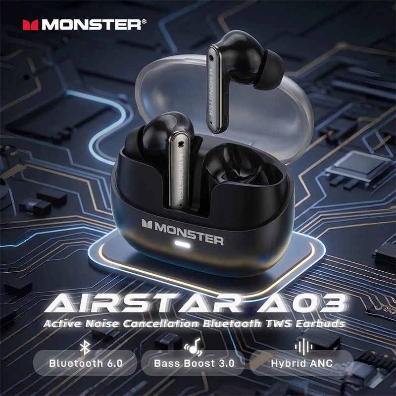 Monster Airstar A03 ANC Bluetooth 6.0 Ohrhörer Kraftvoller Tiefer Bass Sport-Kopfhörer Aktive Geräuschunterdrückung TWS Kabellose Kopfhörer