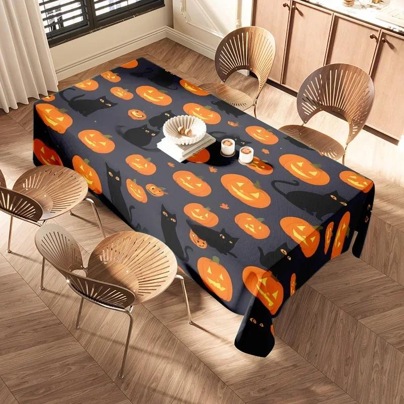 featuring pumpkins and cats for a spooky dining experience Halloween-themed tablecloth