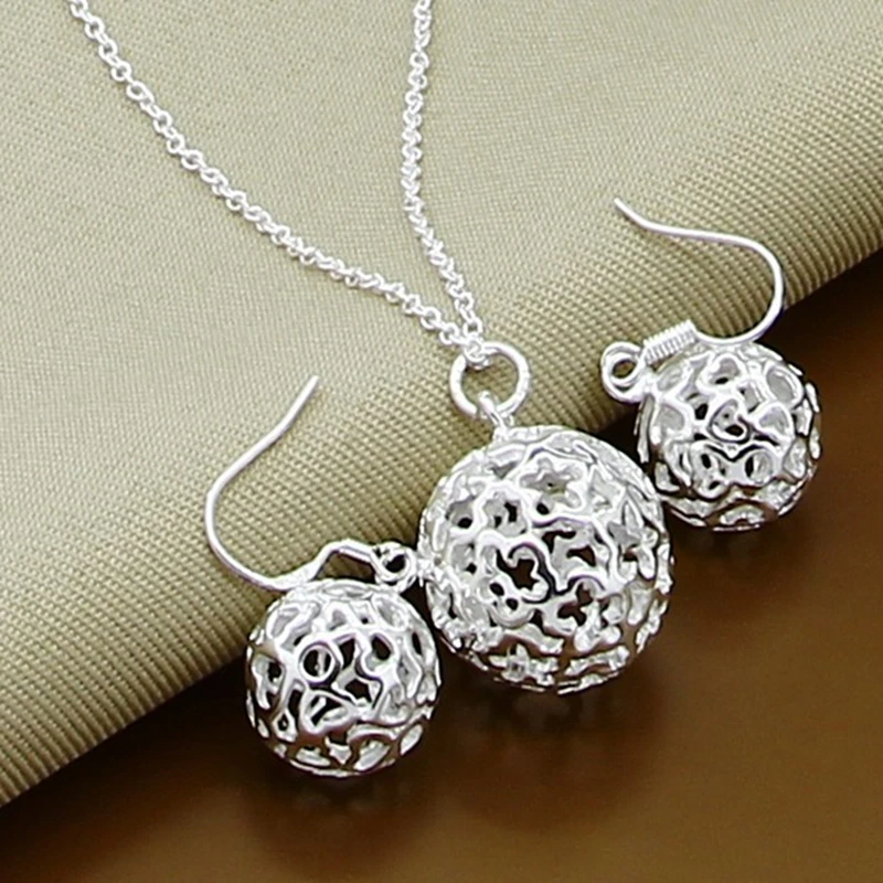 

Hot Charm 925 Sterling Silver Ball Pendant necklace earrings Jewelry set for women Fashion Party Christmas Gifts