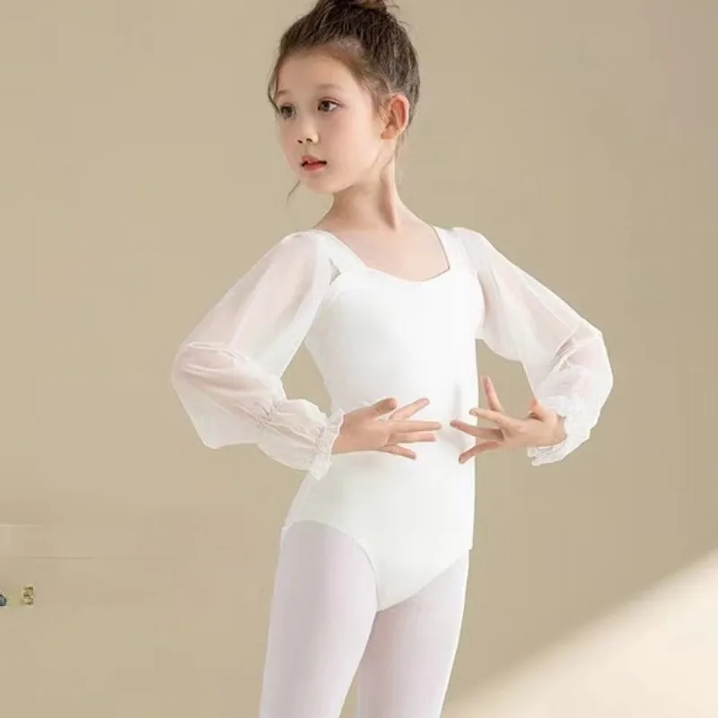 Body blanco de manga de malla para gimnasio y baile, Tops para niñas, trajes de bailarina, ropa de baile de leotardo de manga larga para Ballet de bebé, primavera