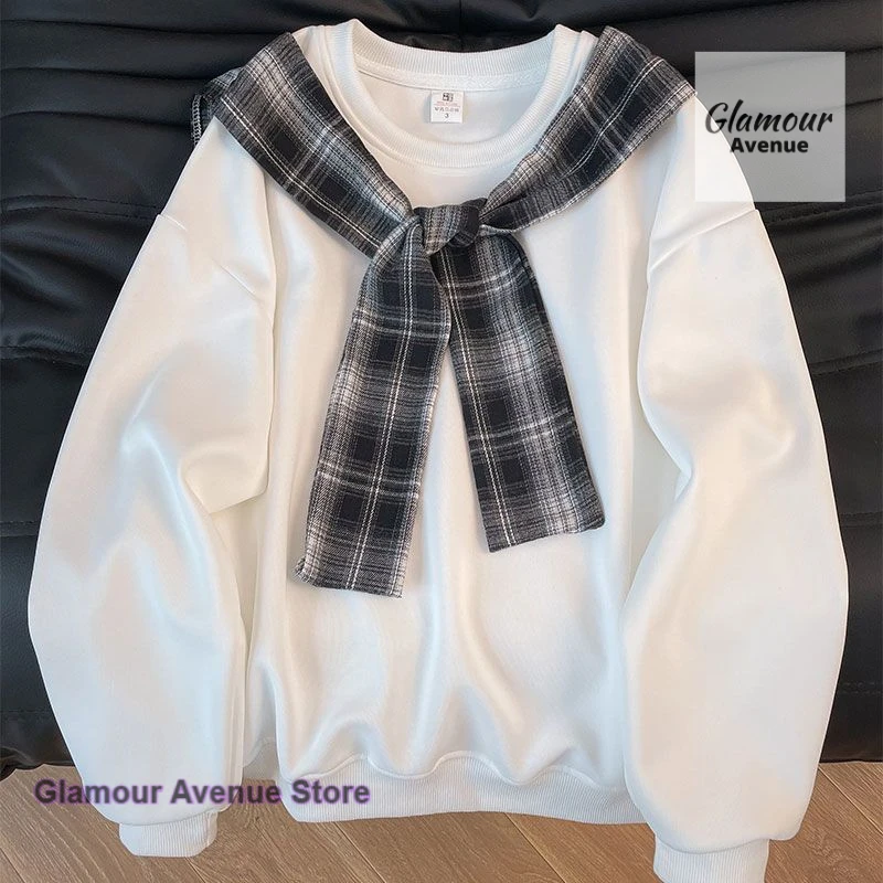 เสื้อสเวตเตอร์คอทรงกลมลายสก็อตแบบอเมริกันสำหรับผู้หญิง ฤดูใบไม้ผลิและฤดูใบไม้ร่วง ดีไซน์ใหม่ ทรงหลวม แฟชั่นทันสมัย สไตล์ลำลอง