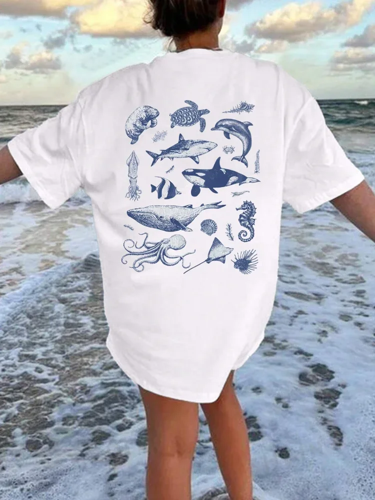 

Summer Fashion Women Y2k Loose Retro Printed Graphics T-shirt 2025 Ocean Couple Personality Loose Ins Back T-shirt Tops