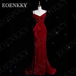 Sexy V Neck Mermaid Evening Party Dress Velvet Spaghetti Straps Woman Ceremony Dresses Sweep Train Sleeveless فستان سهرة نسائي