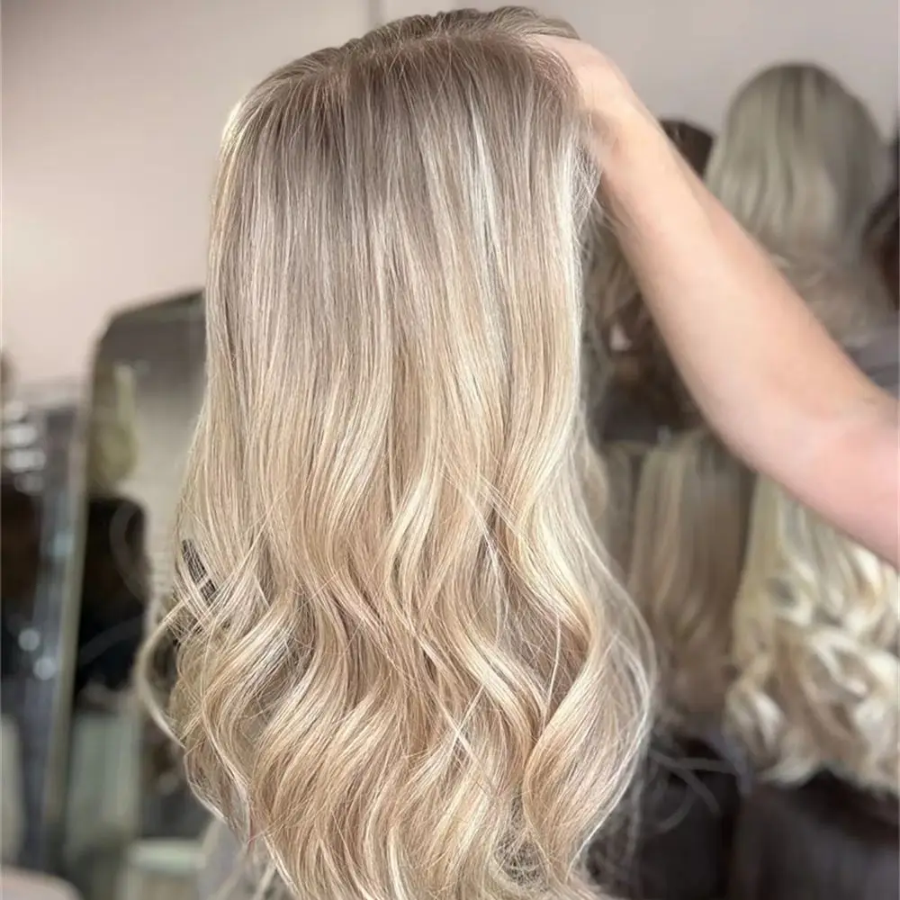 

Free Part Ombre Blonde with Brown Streaks Highlights Synthetic HD Lace Front Wig with Roots Short Wave Bob Preplucked Hairline