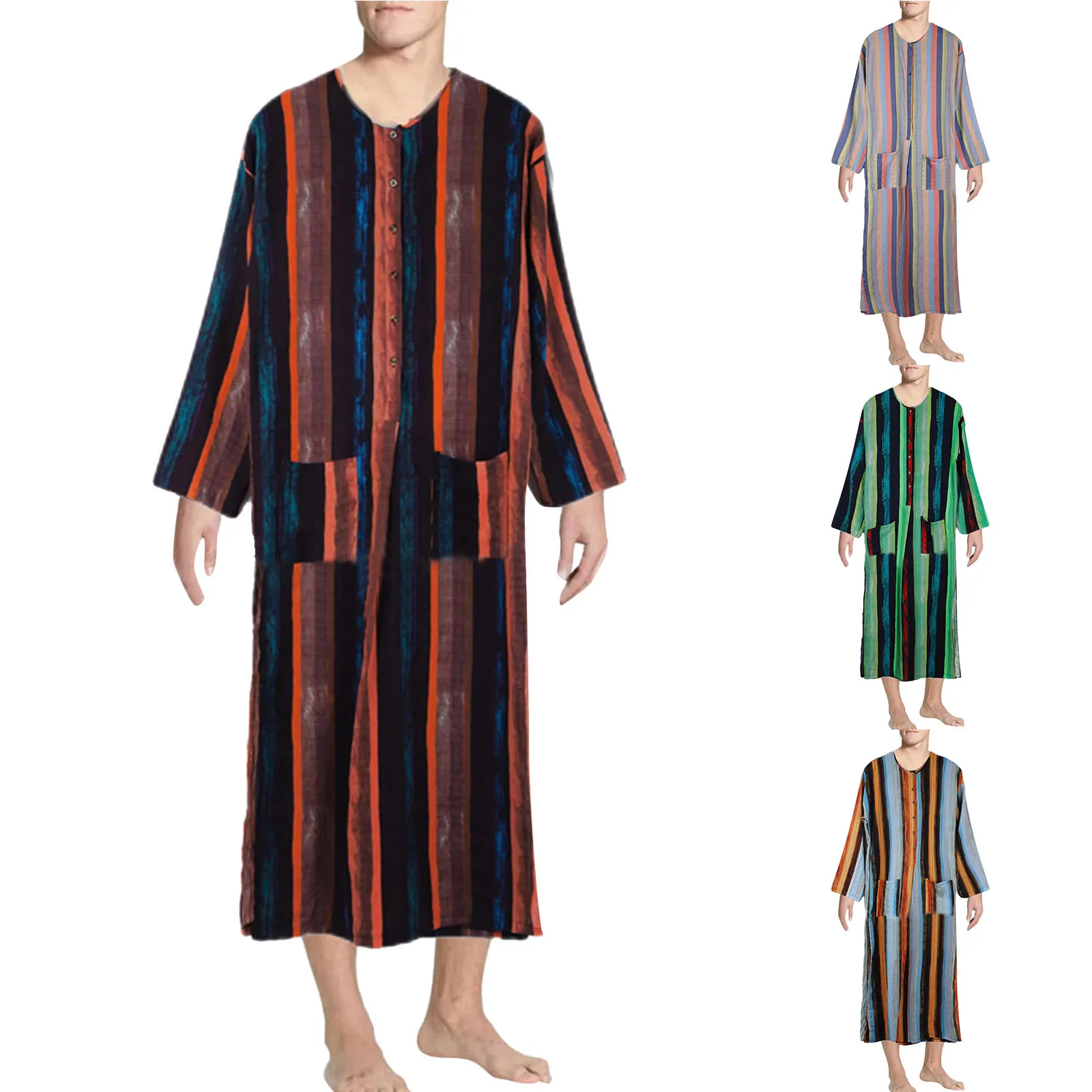 Chemises musulmanes à manches longues pour hommes, style ethnique, imprimé rayé, décontracté, adt Jubba Thobe, arabe islamique, caftan de Dubaï