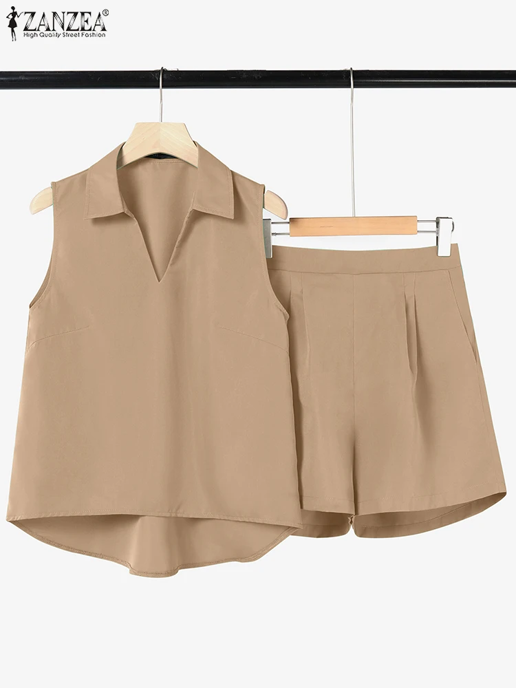 

ZANZEA Womens Elastic Waist Shorts 2PCS Outfits Summer Turn-Down Collar High Low Sleeveless Tops Casual 2 Piece Sets Short Sets